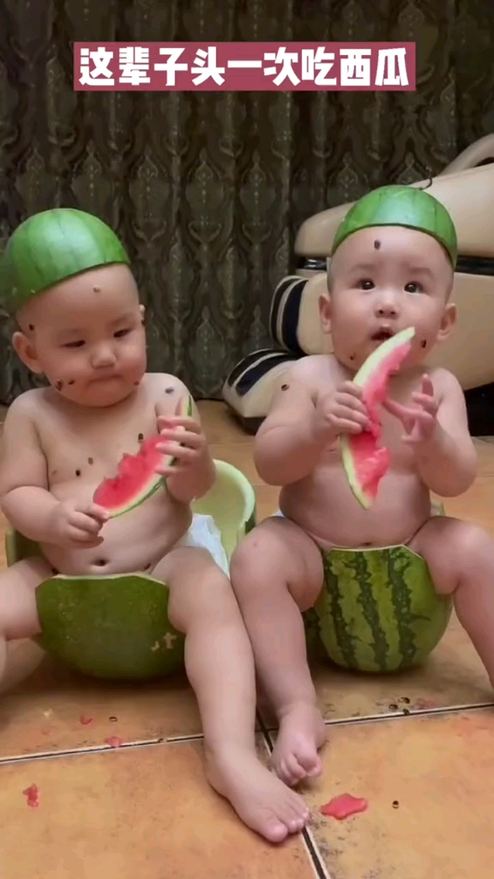 哥俩第一次吃西瓜,仪式感很重要