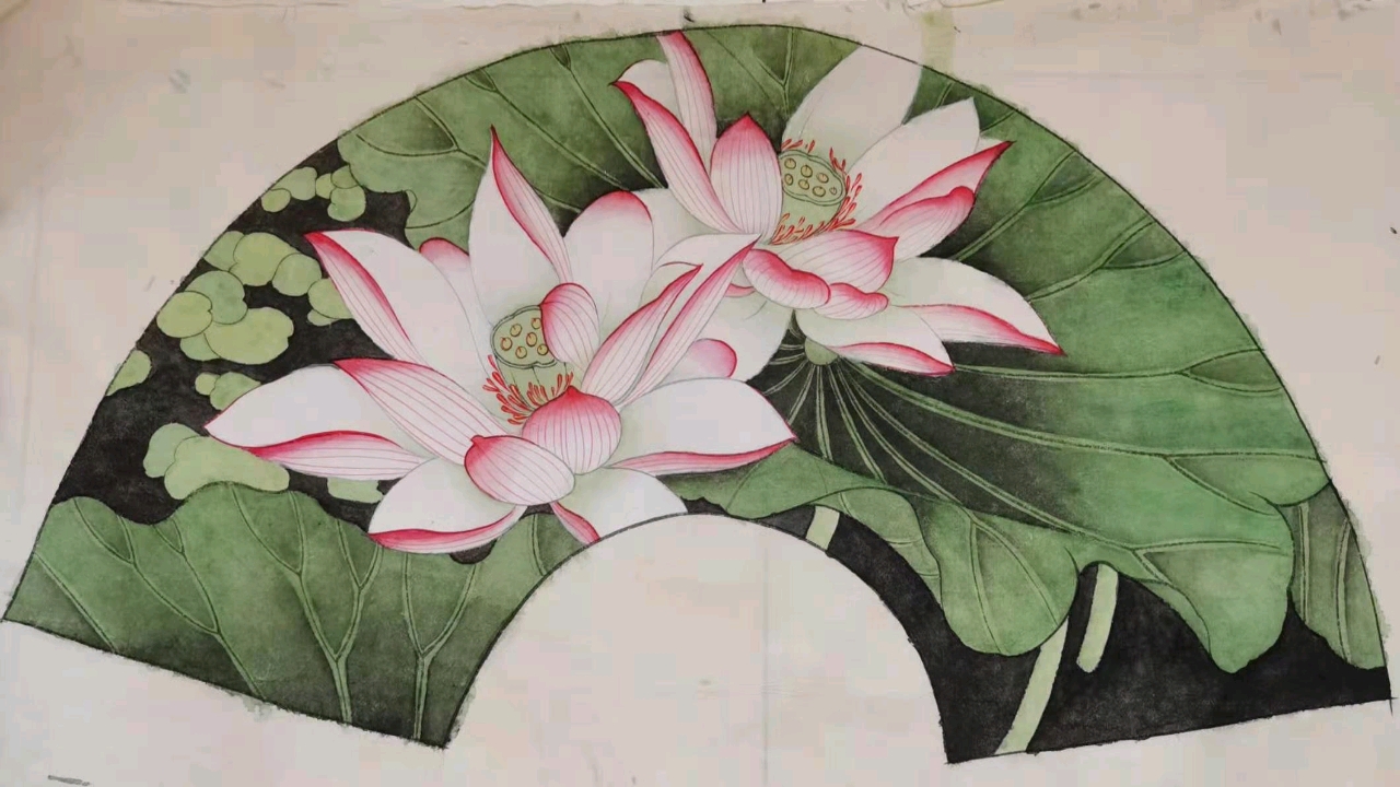 今日小学生,未来大画家.外孙女工笔画荷花扇面.