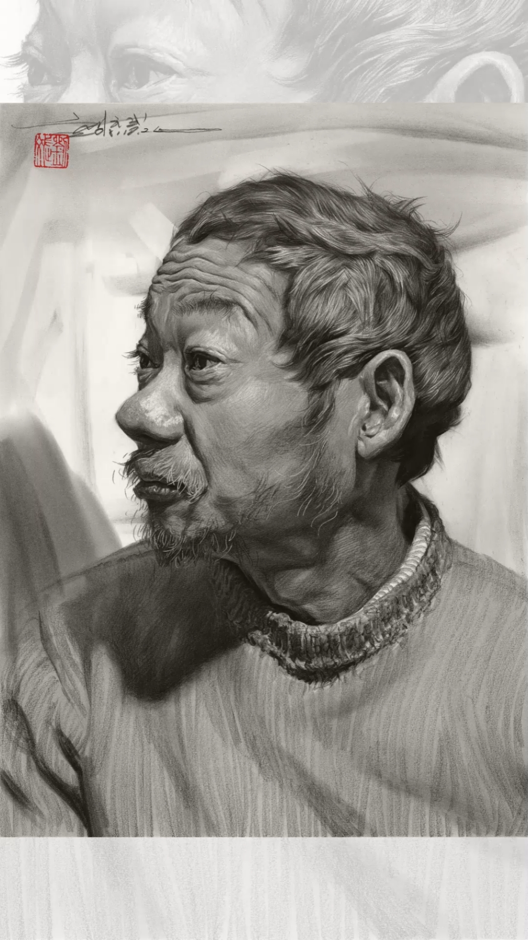 绘画#刘斌老师中期素描《老年男子侧面头像》