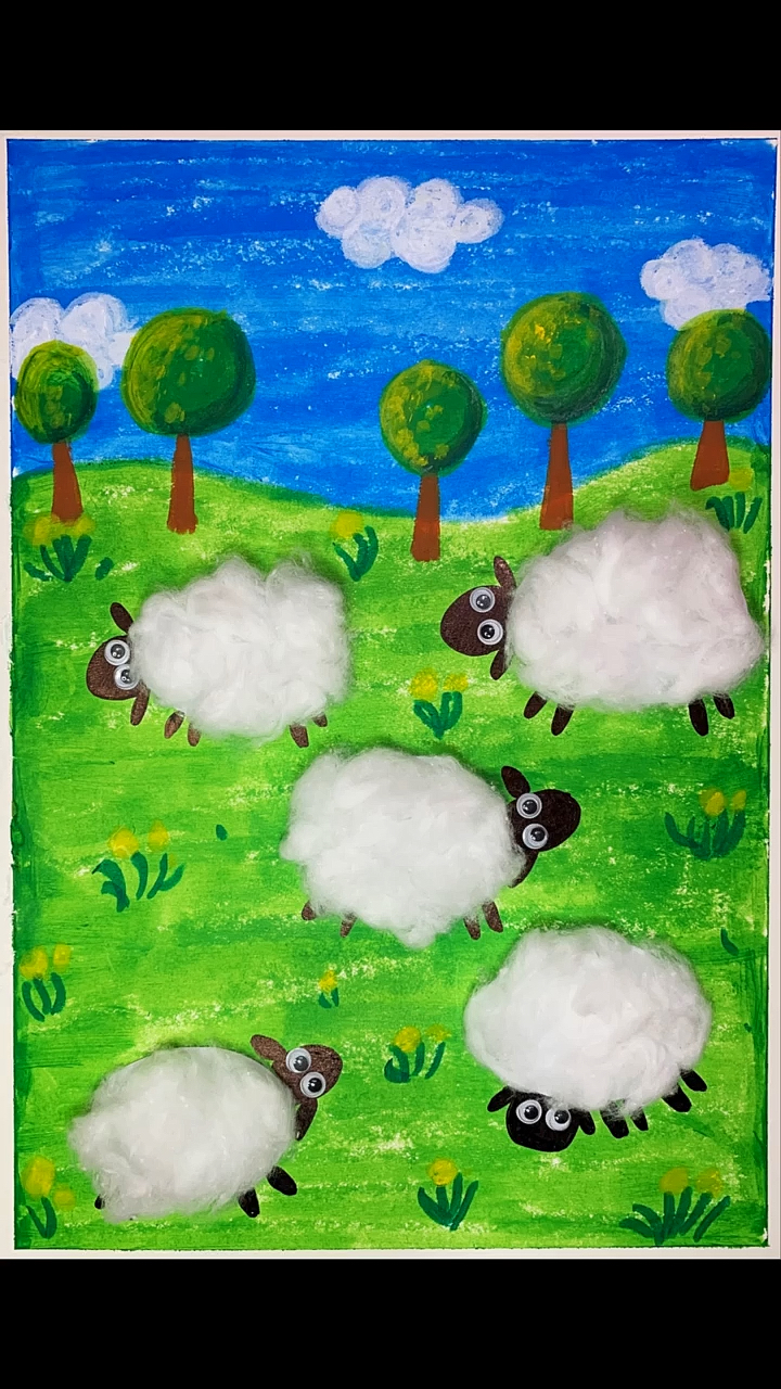 少儿创意美术#一起来做在草地吃草的小绵羊吧.