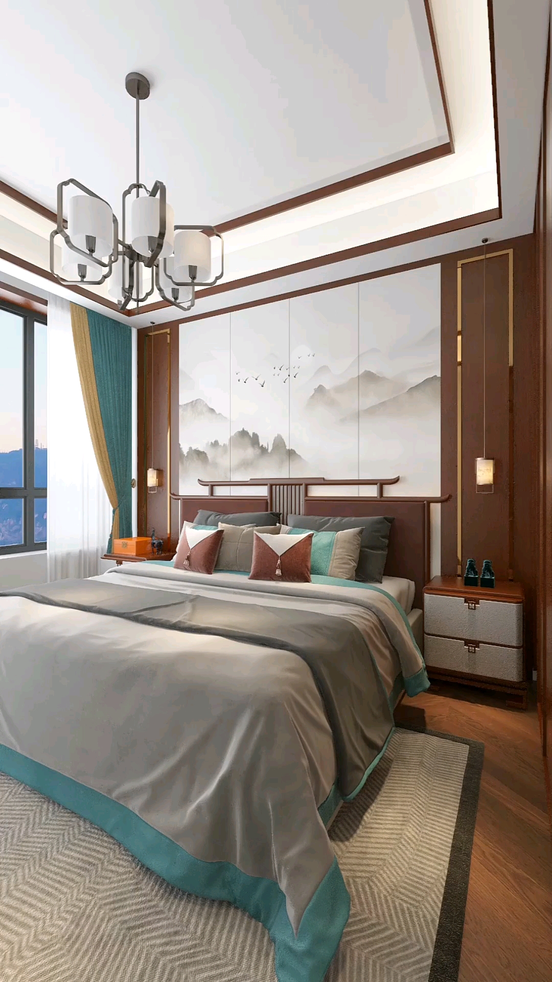 新中式风格卧室,给人一种宁静致远的感觉,能让人放下身心享受生活的慢