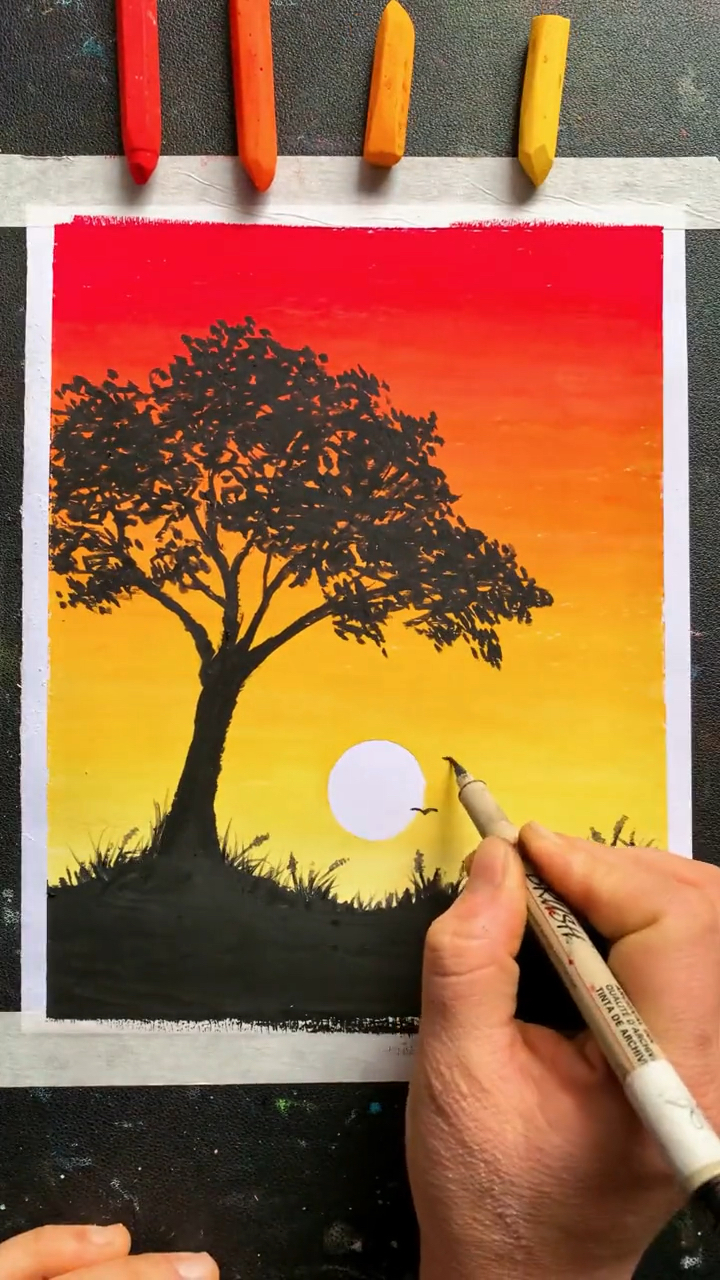 油画棒教你画日落风景,步骤简单易学.-度小视