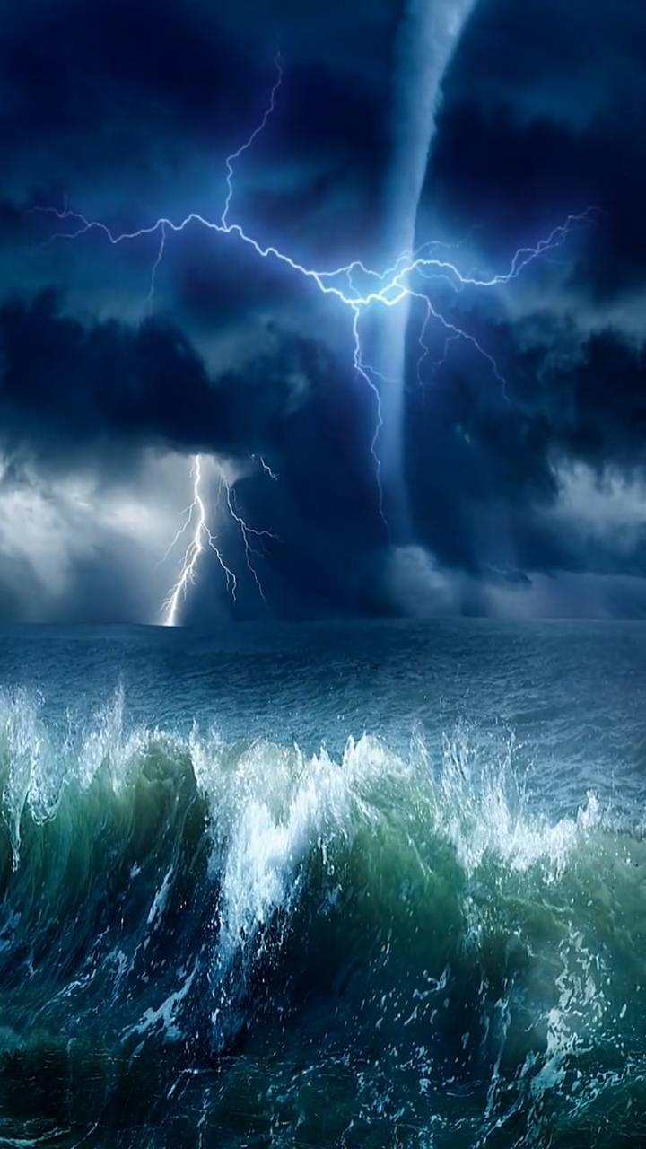 海水里超大吸力龙卷风海浪雷电这是要毁灭什么吗