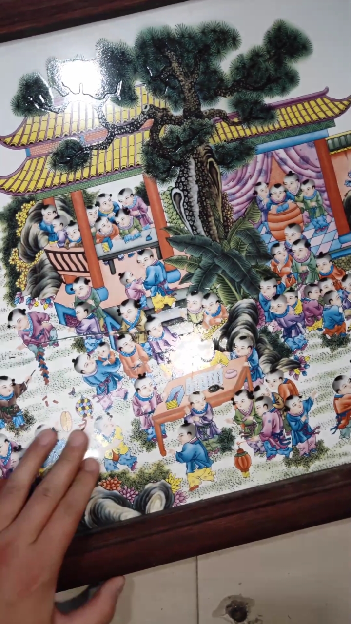 粉彩手绘百子图瓷板画