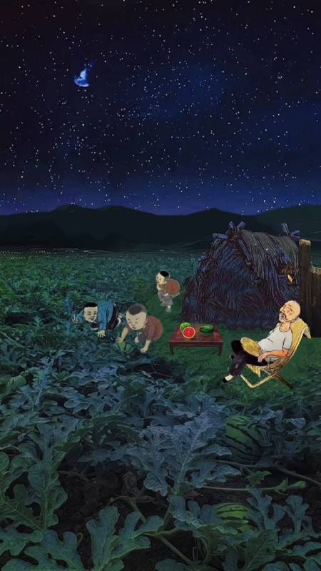 小时候的夜晚,跟爷爷到地里看瓜,口渴了就挑着摘