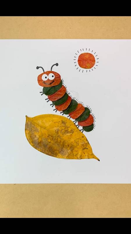 园手工秋天的树叶颜色很丰富利用起来做一只可爱的毛毛虫吧树叶贴画