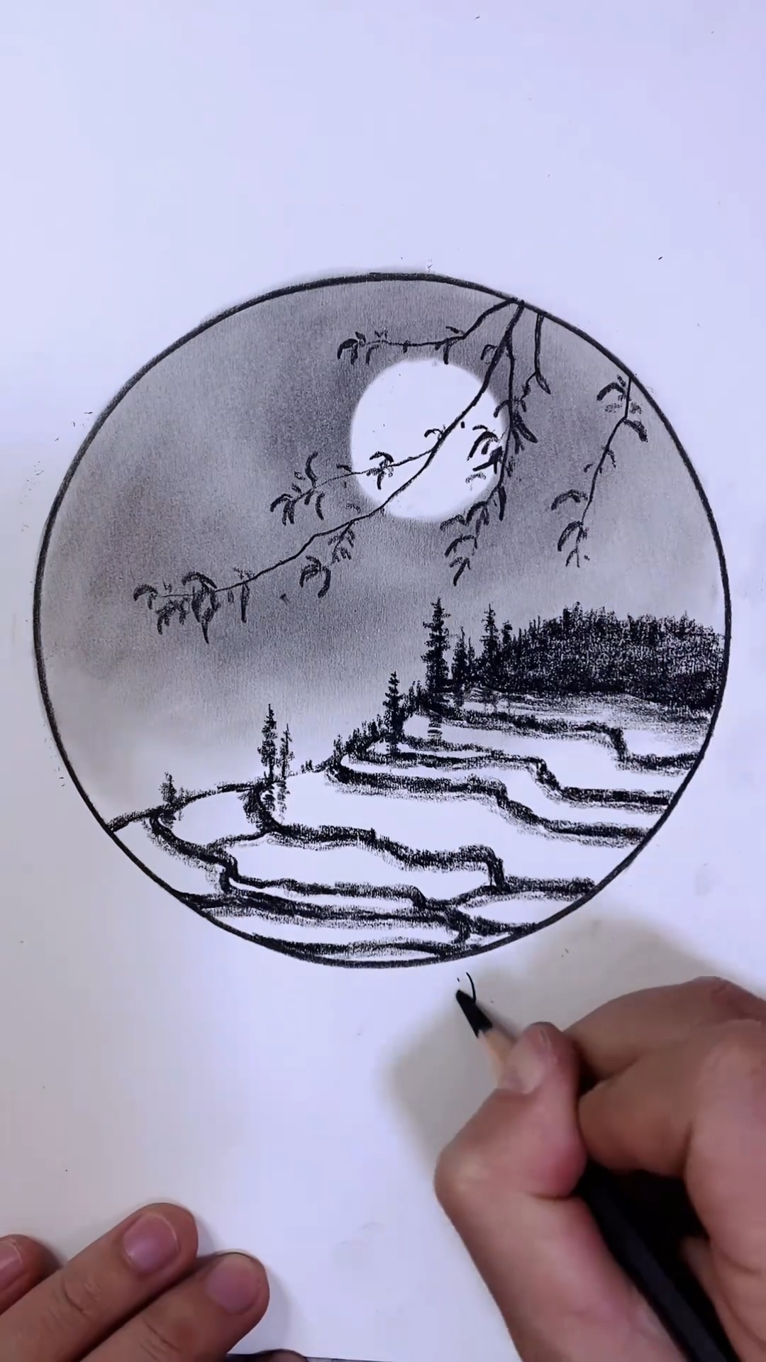 绘画#素描一幅梯田月色