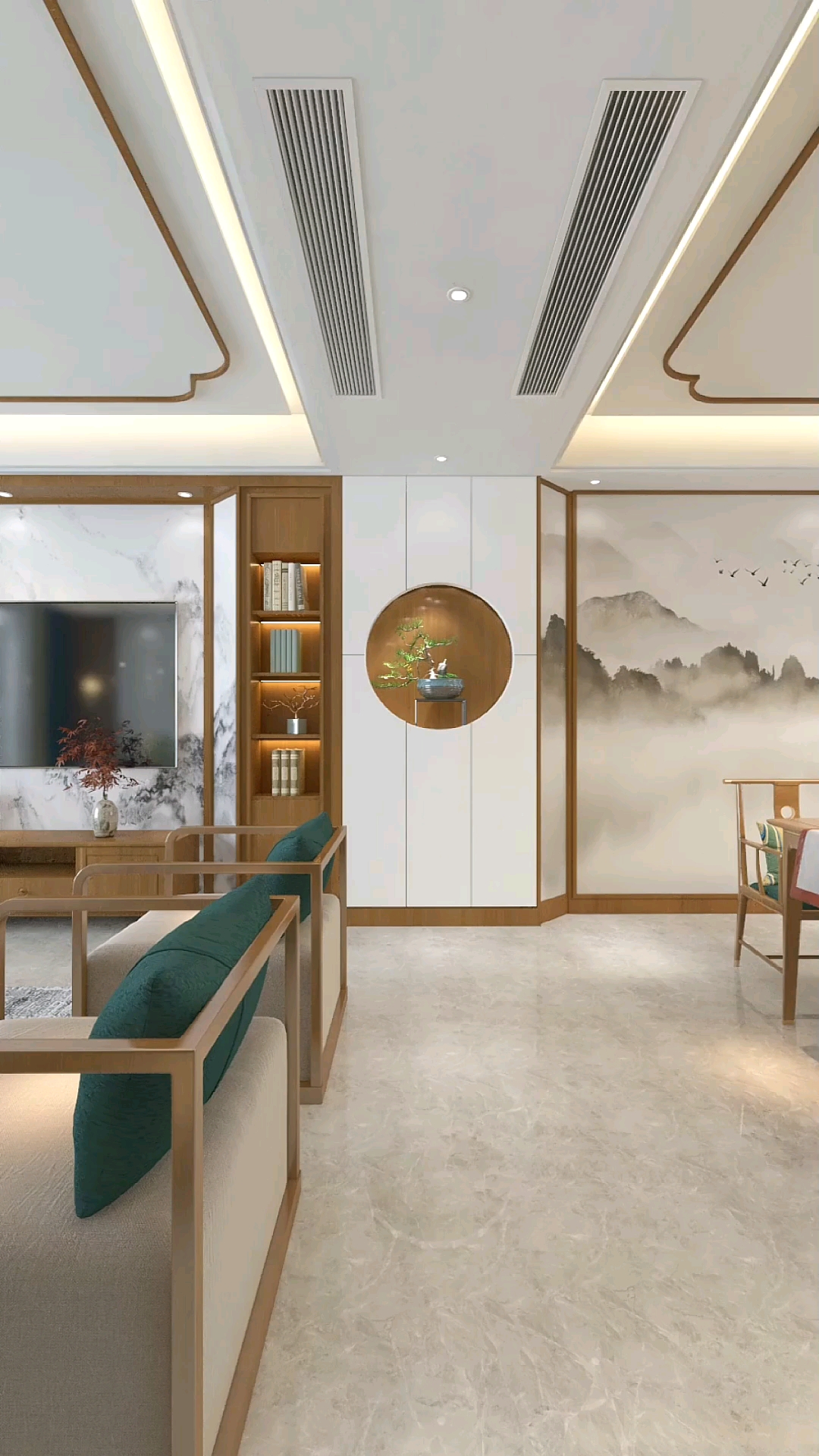 整体配色大方雅致,温婉曼妙的背景墙,让新中式的意味缓徐徐传达.