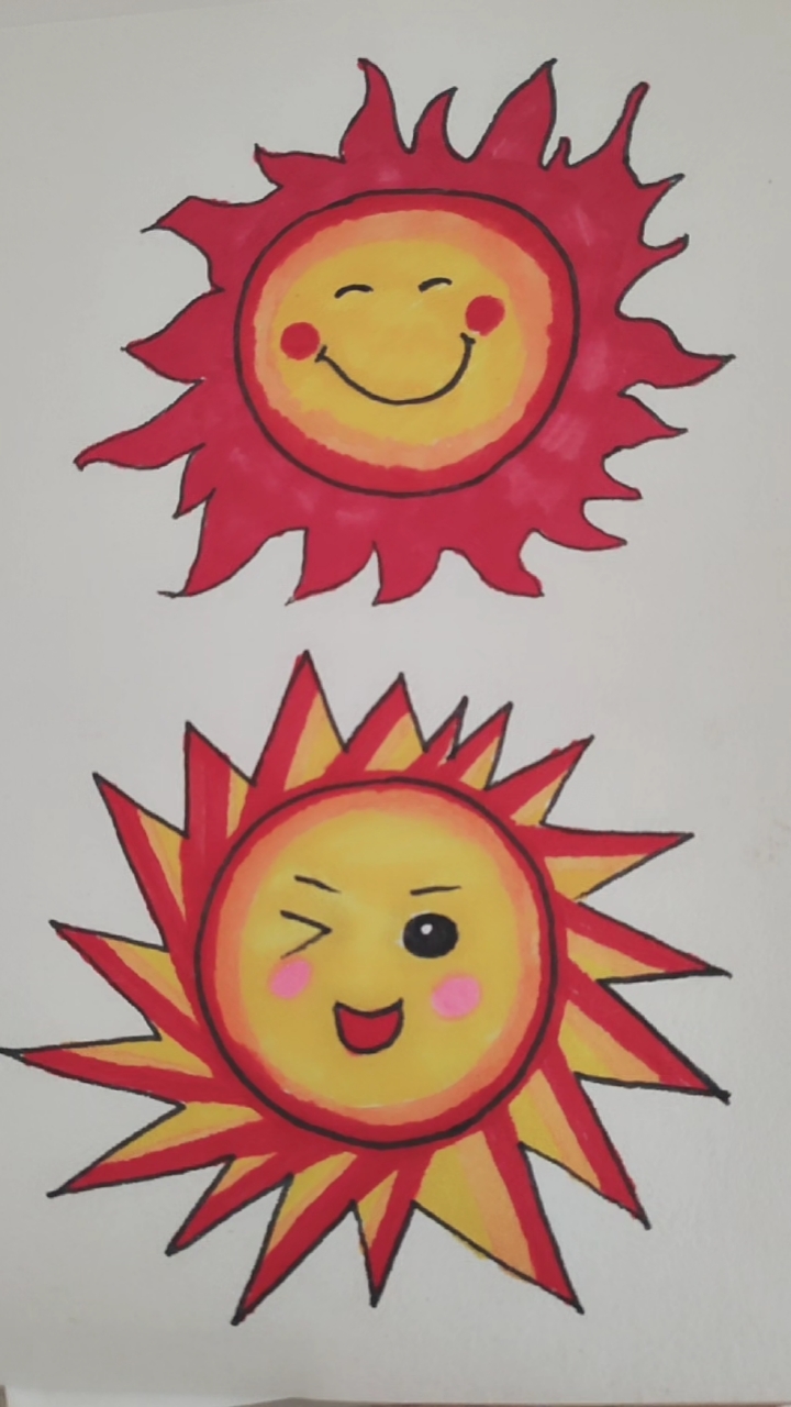 太阳的简笔画来喽,还有两个没涂色,图什么颜色好呢?