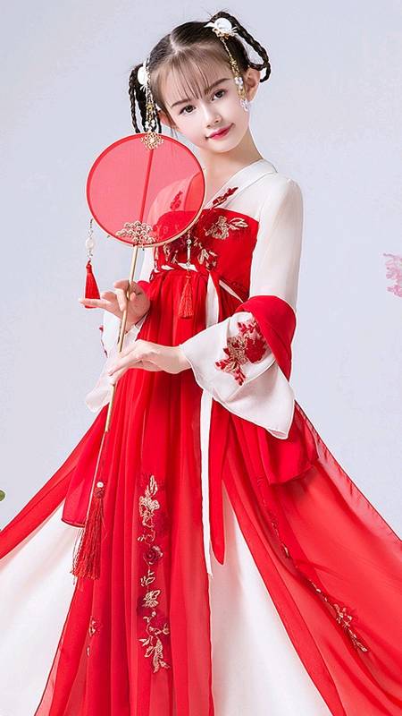 女童中国风汉服儿童齐胸襦裙仙女古装超仙红色洋气古风雪纺连衣裙-度