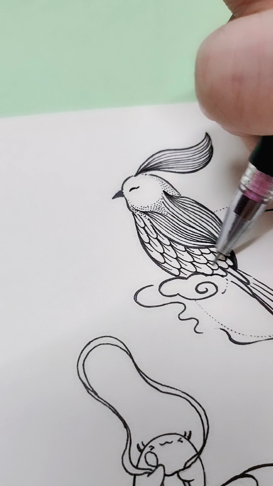 画画原来如此简单中性笔画一只小鸟一只手录视频一只手画画好不稳啊