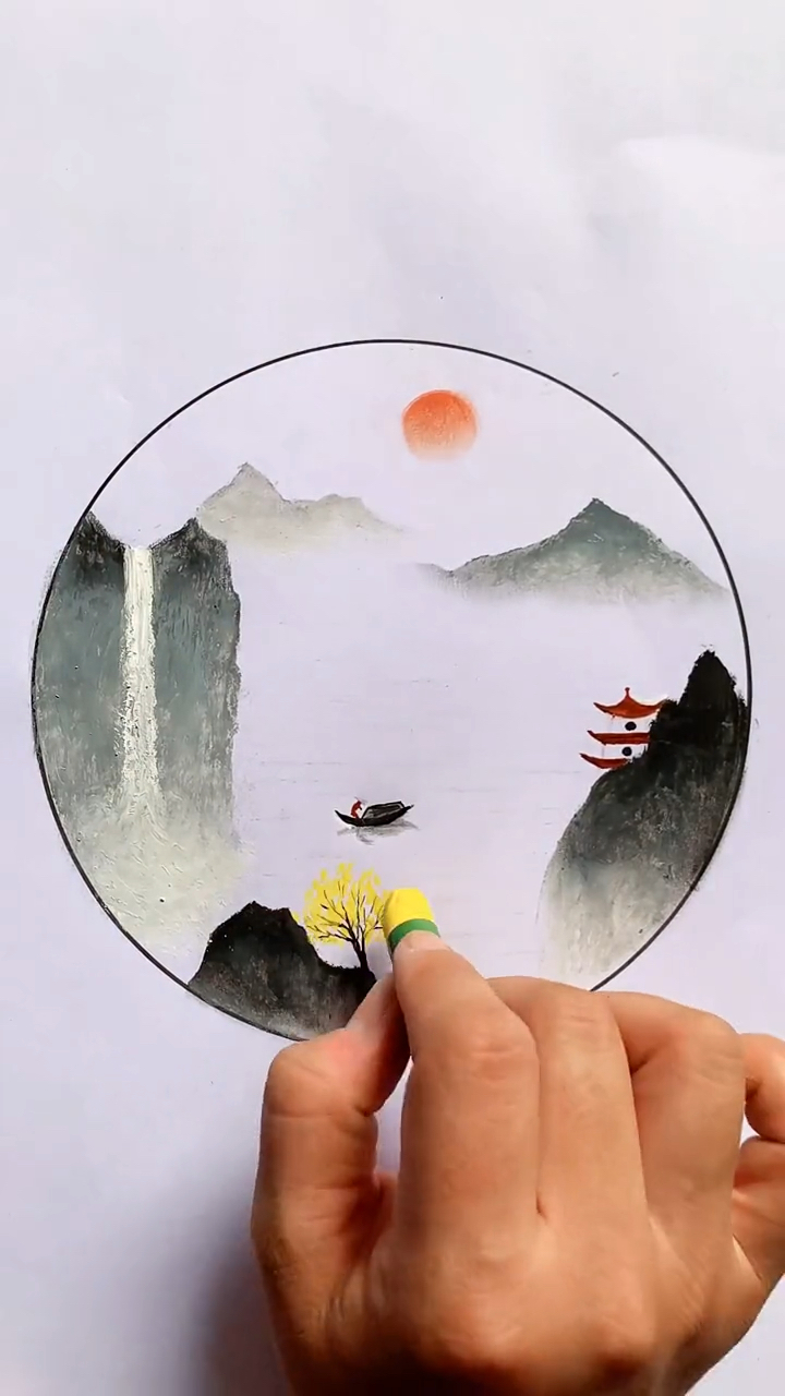 风景画撕纸画山水风景一看就会