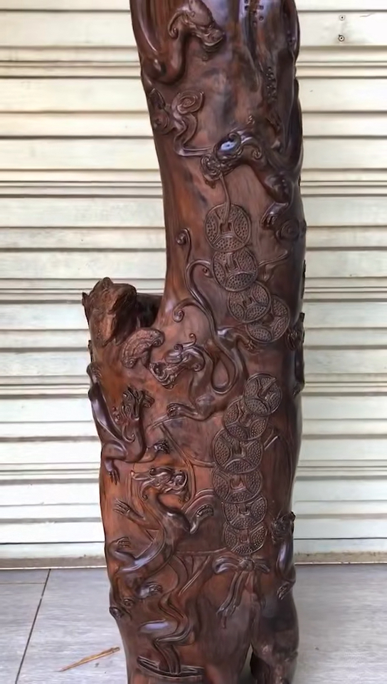 风水柱【九龙聚财】海黄紫油梨大雕件