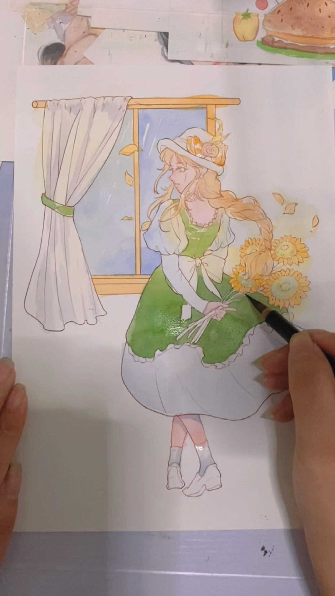 水彩向日葵女孩感觉配色好难呢手绘水彩线稿本配色参考