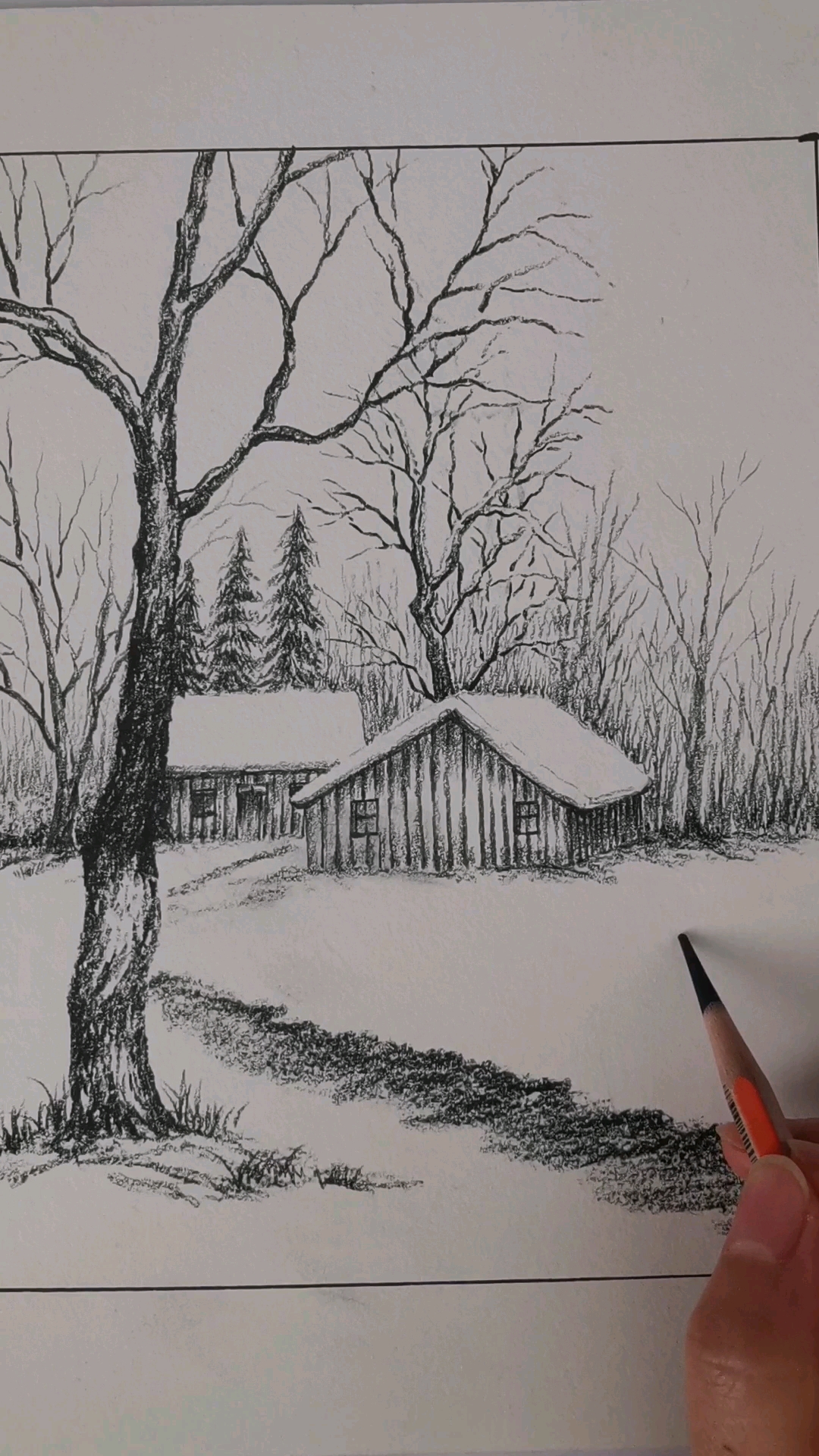 雪景铅笔手绘图片图片
