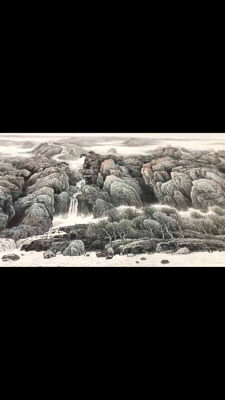 为:政府会议室创作的大幅山水画."江山永固图"规格1.20米/6.18米.