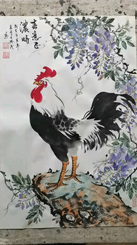 王兴民国画公鸡,春意正浓时
