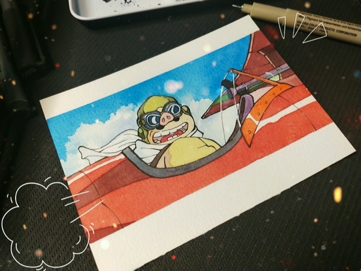 动漫手绘#水彩小卡片宫崎骏系列·1红猪