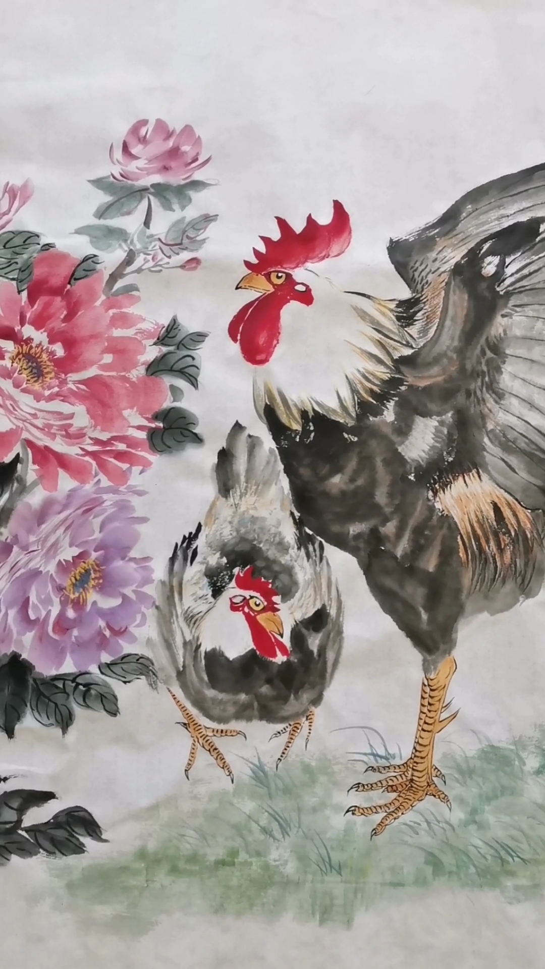 中国画#王兴民国画公鸡,哇塞,太漂亮了,没见过这么漂亮的大公鸡吧?