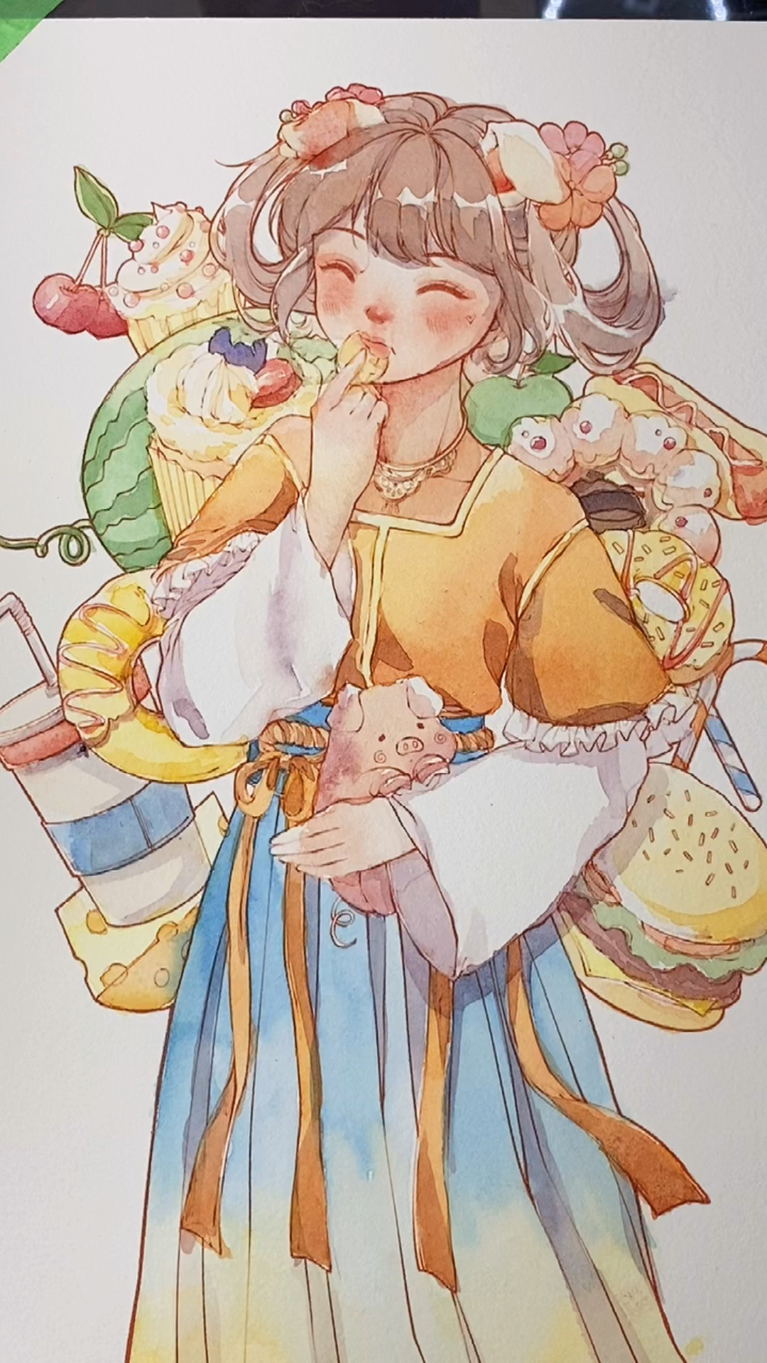 水彩#水彩手绘十二生肖拟人小猪仔手绘过程,线稿来自石墨绘材铺