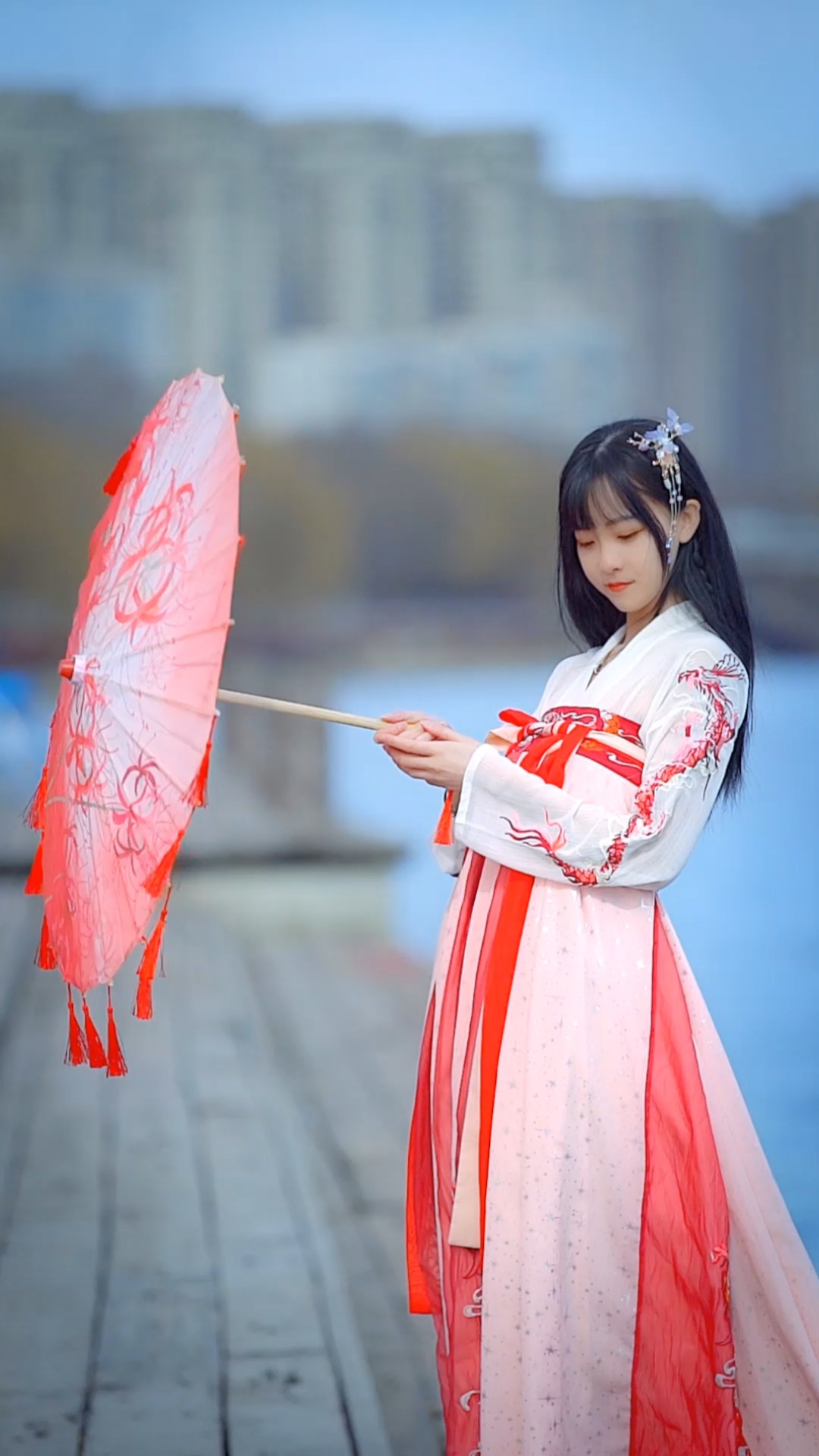 笑纳撑伞接落花佳人请笑纳