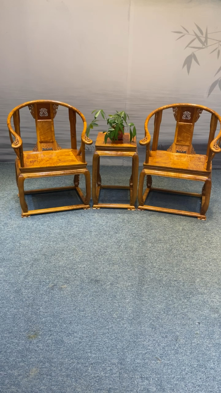 红木古典家具#金丝楠木小叶桢楠皇宫椅三件套3.5w