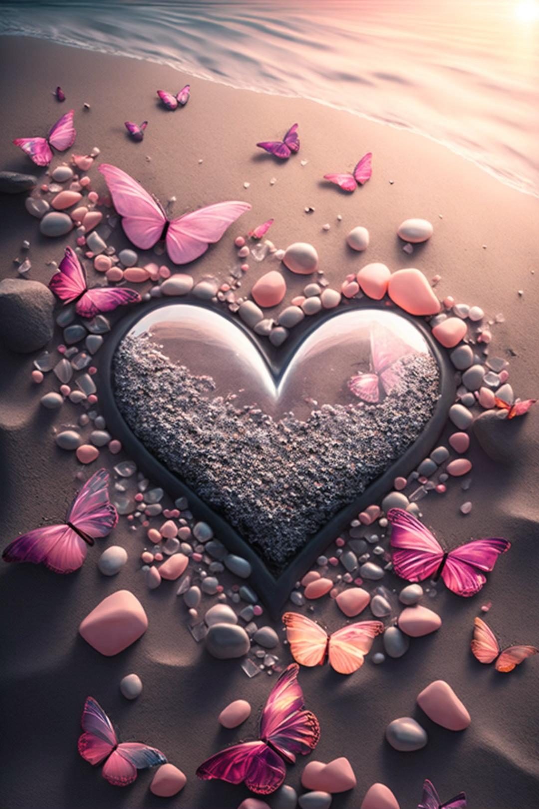 手机壁纸#蝴蝶在海滩上拼成一个心形,画中画,无比美丽!-度小视