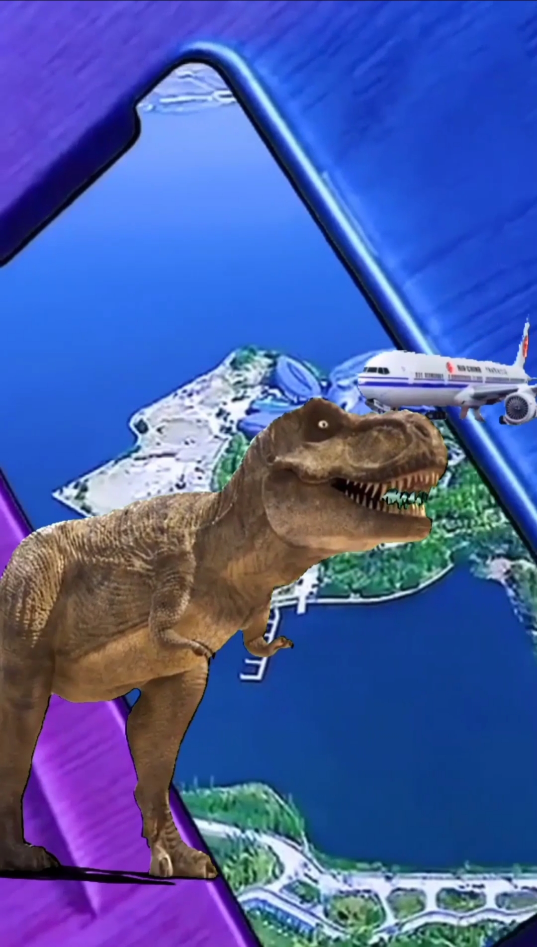 巨型恐龙与飞机同时穿越手机虚拟世界,结果悲剧了,场面十分震憾!